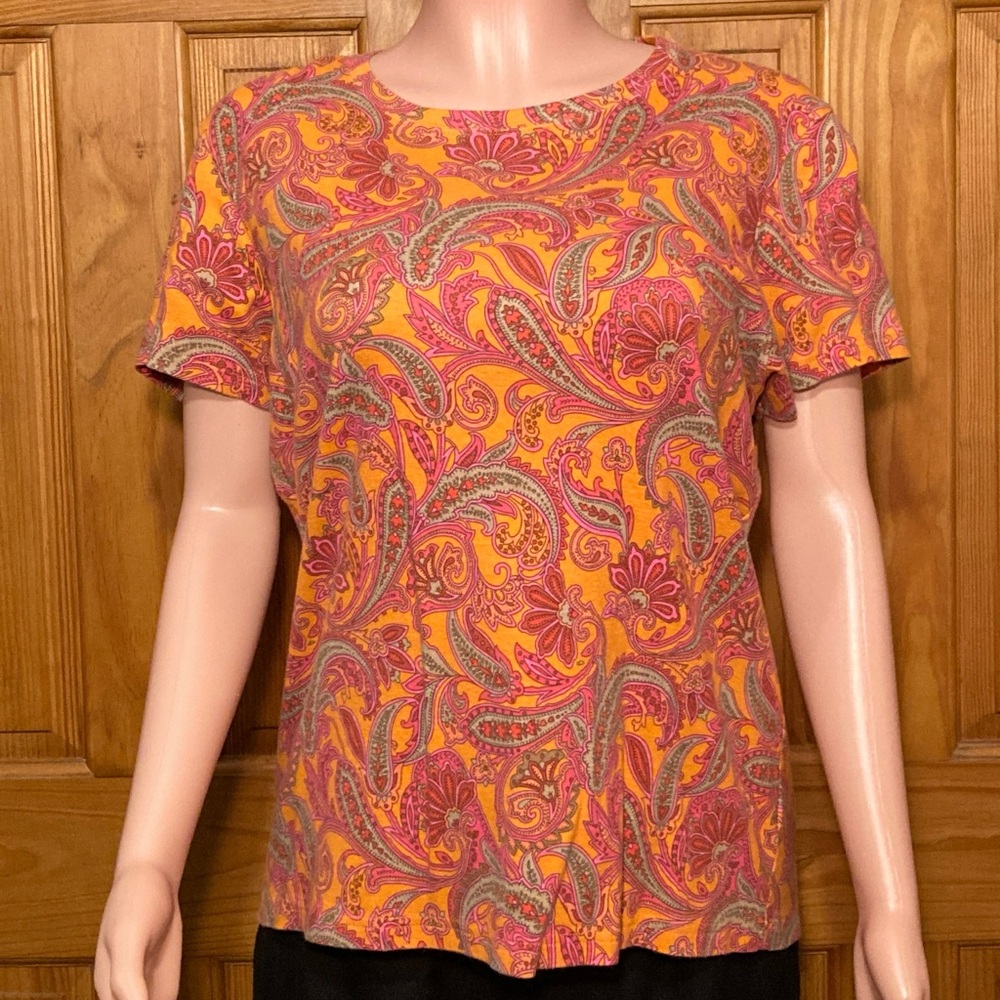 NWOT St Johns Bay Vintage 90s Top Short Sleeve Blouse Orange Pink XL Extra Large